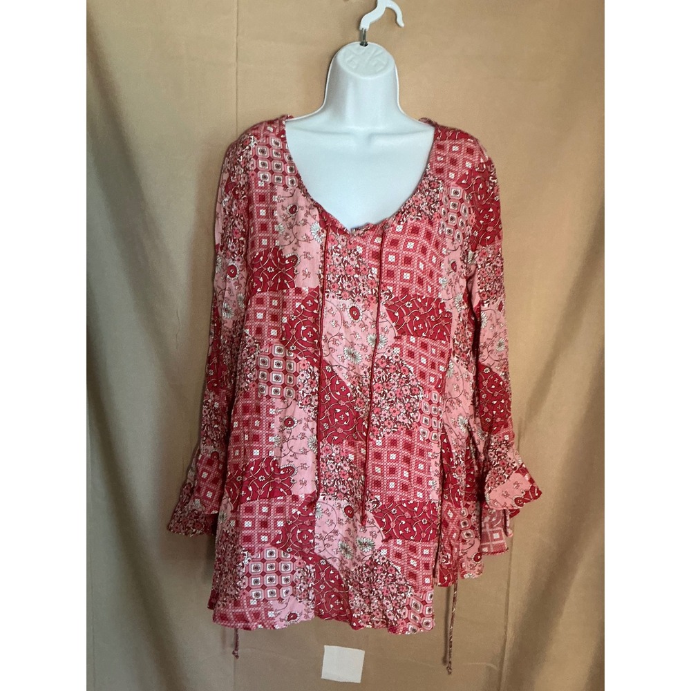 New Addition Maternity Tunic Women Large Red Pink Excellent Boho Patchwork Top